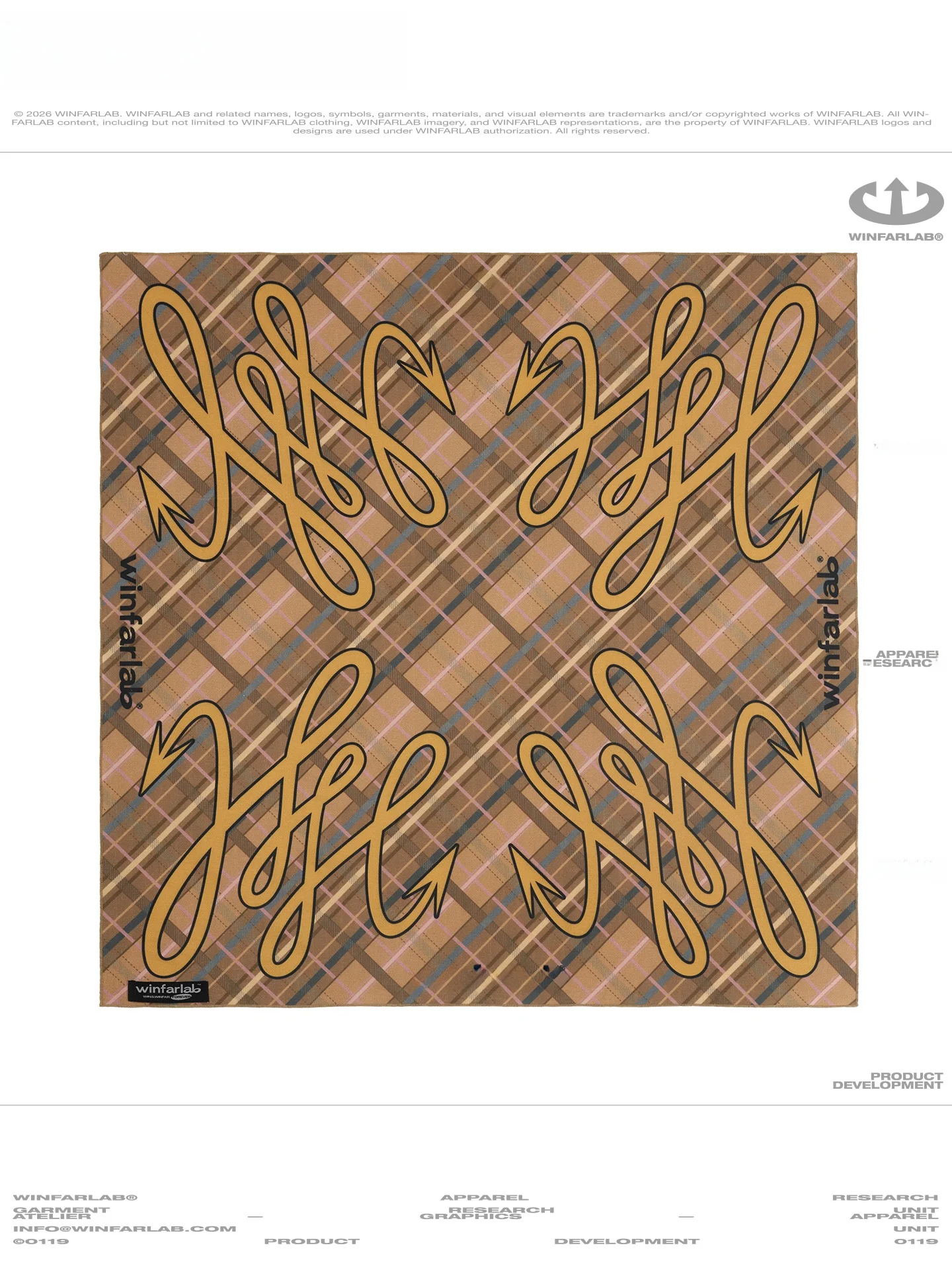 brown-plaid-pattern-printed-headscarf-zhou-shen-design-cotton-square-scarf-casual-wear-spring-summer-winfarlab-collection