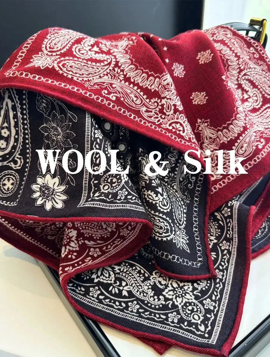 

82% Wool 18% Silk Scarf Luxury Brand Neck Warmer Women Vintage Ethnic Red Paisley Print Square Scarf Winter Head Scarf