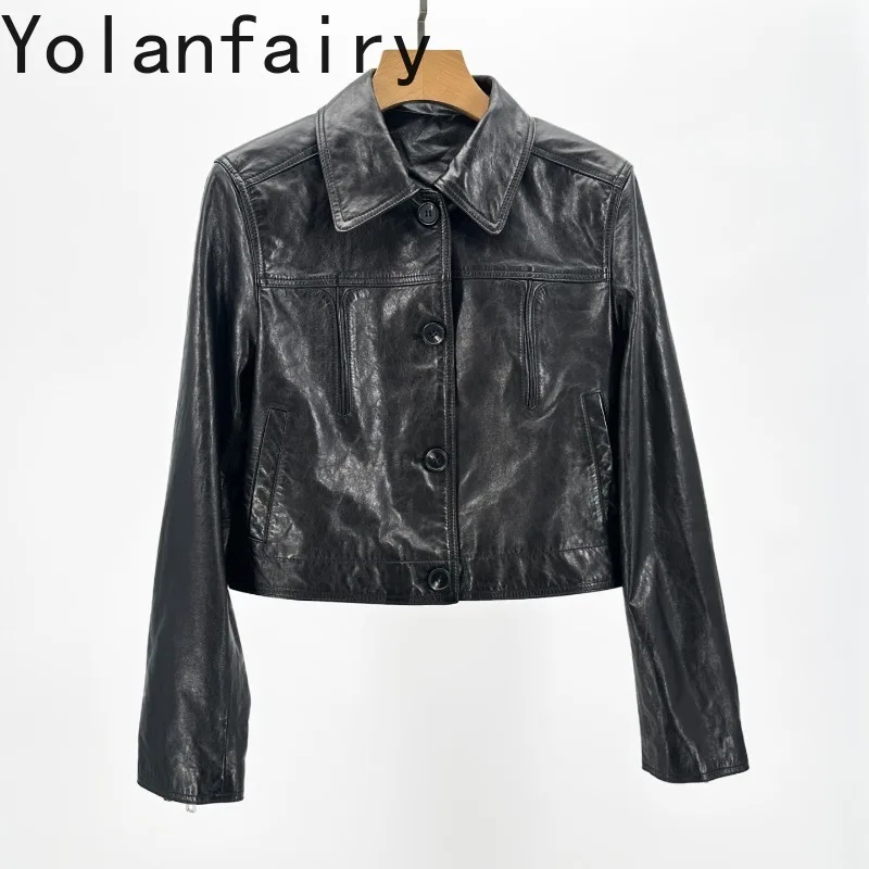 YOLANFAIRY High-end Top Layer Sheepskin Real Leather Coat Woman Elegant Slim-fit Fall 100% Genuine Leather Jacket Women Clothing