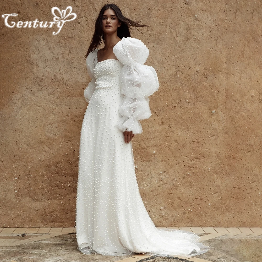 

Pearls Studded Wedding Dress for Women Long Puff Sleeves Backless Sweep Train A Line Luxe Square Neck Bridal Gowns Bride Dresses