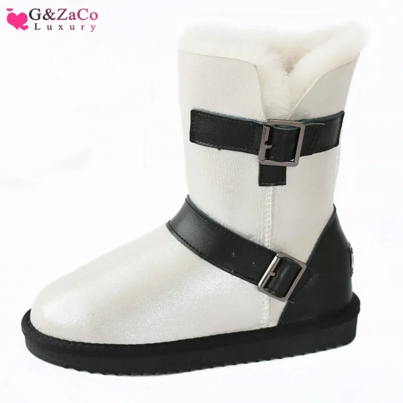 G&Zaco Luxury Winter Sheepskin Snow Boots shearling Fur Boots Women Wool Boots Buckle Sheep Genuine Leather Female Calf Boots