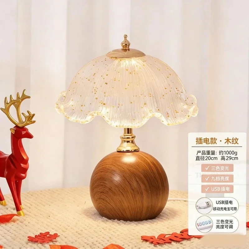 Retro Ceramic Base Desk Lamp Ruffled Gold Fleck Glass Shade Accent Table Light Study Room Entryway Bedside Decoration