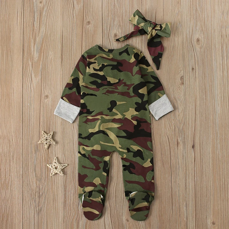 Baby Boys Romper Clothes Newborn Bodysuit with Headband Cotton Camouflage Infant Home Wear Fashion Toddler Outfit Suit 0-9M ﻿