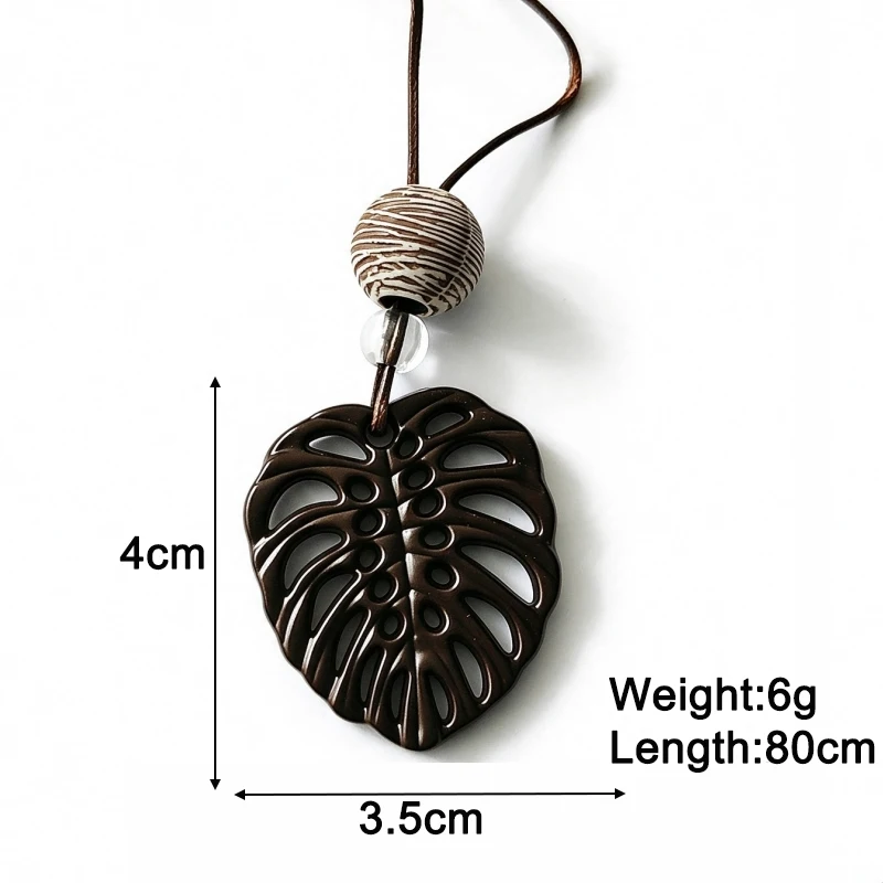 Hollow Monstera Leaf Pendants Necklaces for Women Brown Color Long Rope Chain Necklace Vintage Twisted Ball Neck Accessories