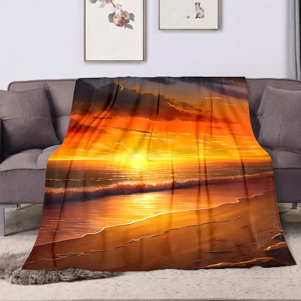 Sunset coastline crashing waves Print Adult Children Warm Blankets Home Travel Car Soft Comfortable Suitable for all seasons