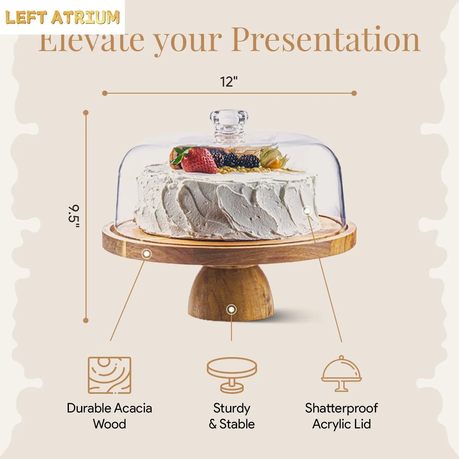 Acacia Wood Cake Stand with Acrylic Dome - 12