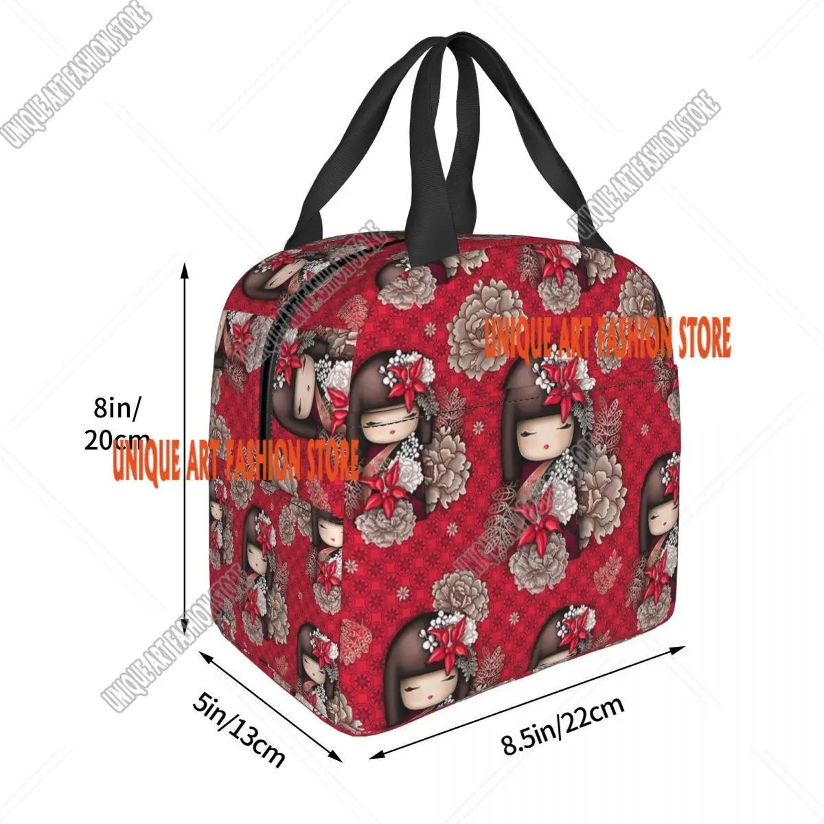 Borsa da pranzo isolata giapponese per bambola Sakura Kokeshi rossa personalizzata per le donne Bento Box termico a tenuta stagna per bambini in età scolare