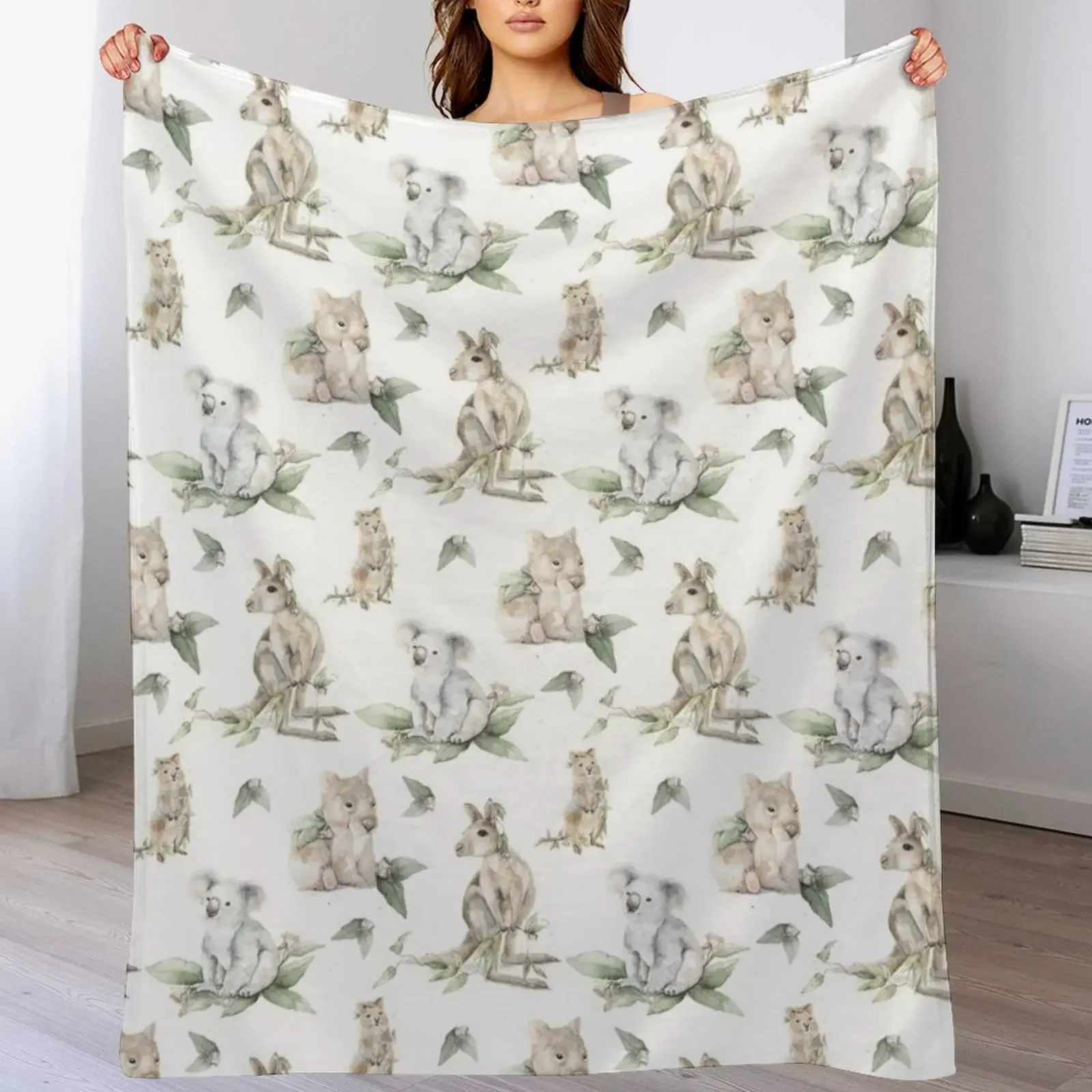 

Watercolour Australian Animals. Wombat, Koala, Quokka and Kangaroo. Throw Blanket for babies Decorative Sofa Luxury Blankets