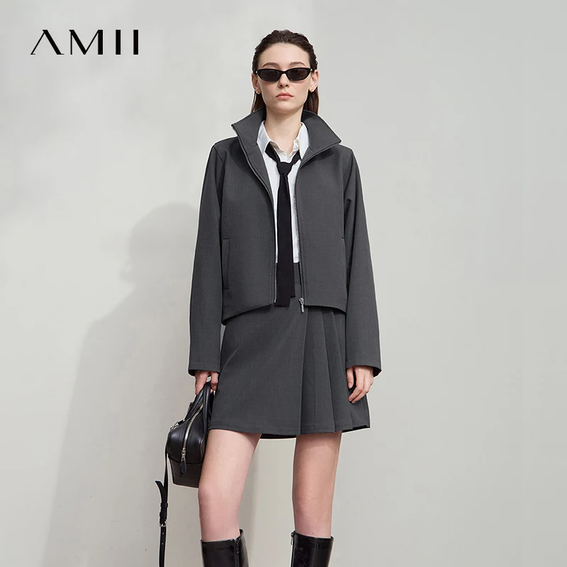 

Мини-юбка AMII, осень 2023, новая минималистичная свободная куртка на молнии с длинными рукавами, однотонная универсальная короткая юбка, женская одежда 12543024