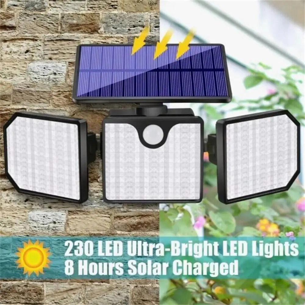 

Outdoor Solar Security Lights 3 Heads Adjustable Led Wall Lamp Ip65 Waterproof High Brightness Motion Sensor Garden Flood Light