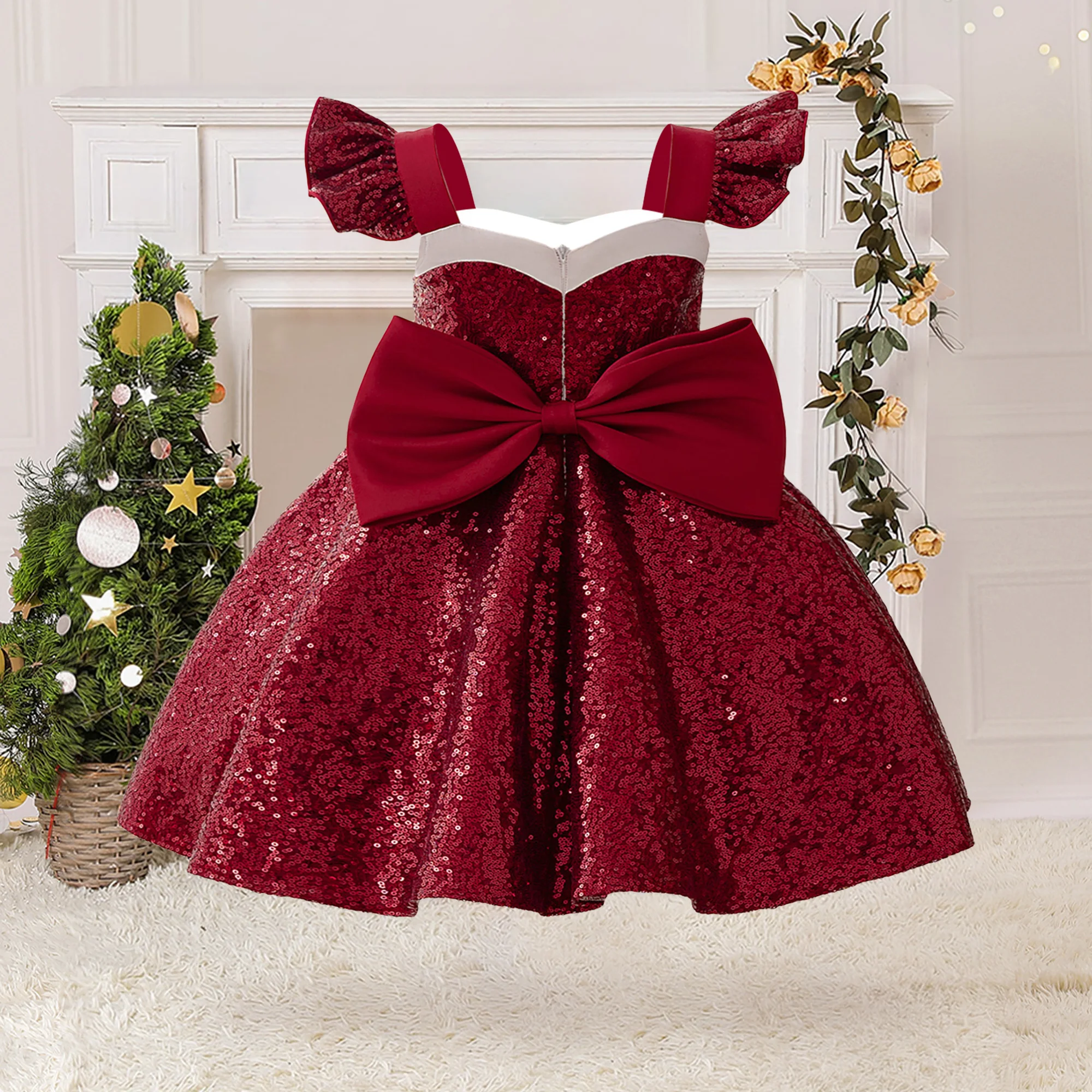 Fly-sleeve Red Christmas Gir Party Dresses Carnival Cosplay Costume Big Bow Sequin Birthday Princess Dress Wedding New Year Gown