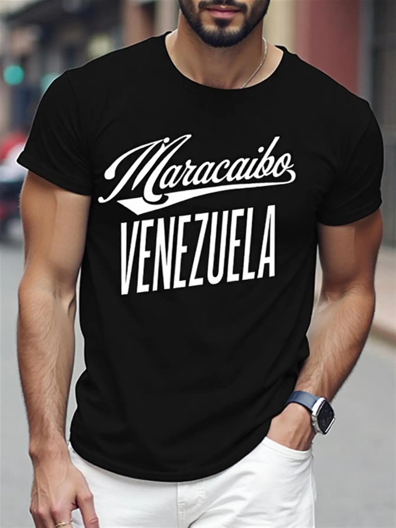 

Men's Venezuela Maracaibo Pattern T-Shirt, 100% Pure Cotton, Comfortable Crew Neck, Short Sleeves, Bold White Venezuelan Flag Design with Maracaibo Text, Casual Wear and Holiday Gift, Machine Washable, All-Season Clothing, Geometric