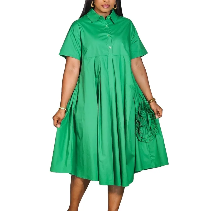 

Green Pleated Floral Shirt Dresses For Women Long Sleeve Loose Casual Vintage Dress Fashion 2025 Spring Autumn Elegant Clothing