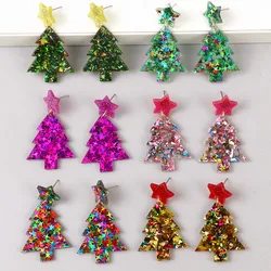 New Glitter Acrylic Christmas Tree Drop Earrings for Women Trendy Colorful Star Plant Statement Earring Xmas Party Jewelry Gifts