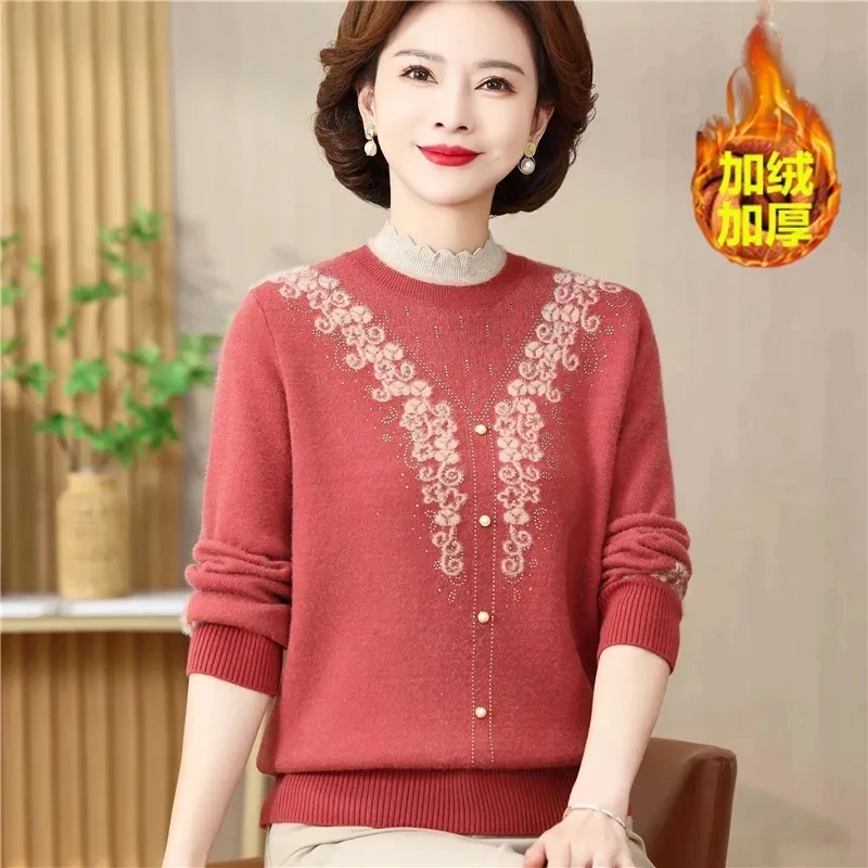 

2024 Autumn Winter NEW Mother's Sweater Thicken Warm Pullovers Large Size Add Velvet Embroidered Knitted Sweater Women Tops 4XL