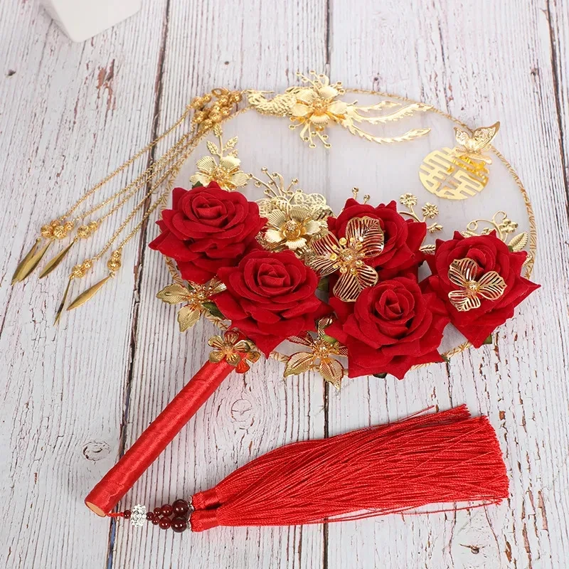 Style Retro Bridal Fan Xiuhe Clothing Fan Handmade Happiness Hand Fan Wedding Bouquet Supplies Photography Hold Fan Prop