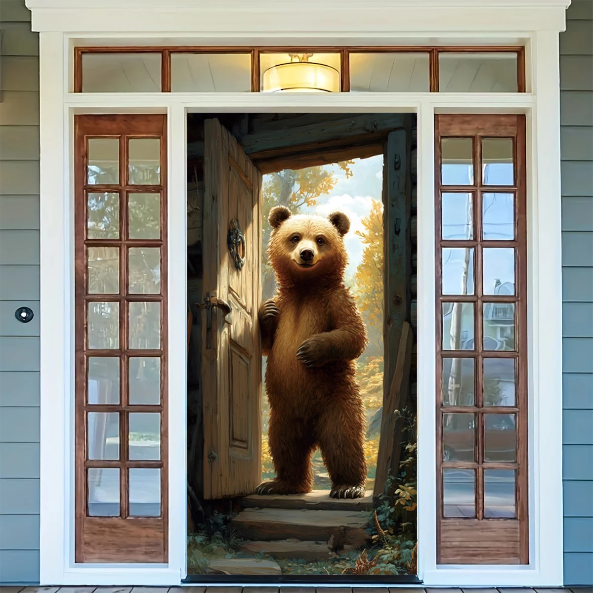 Wild Brown Bear Door Cover Banner Background Realistic Wildlife Forest Countryside House Doorway Hanging Decorative Banner