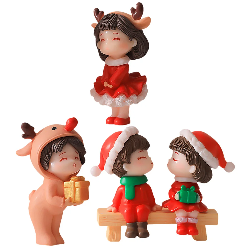 

2Pairs Christmas Couple Ornament Miniature Romantic Cartoon Statues Home Office Desktop Garden Decoration Xmas Couple Figurines