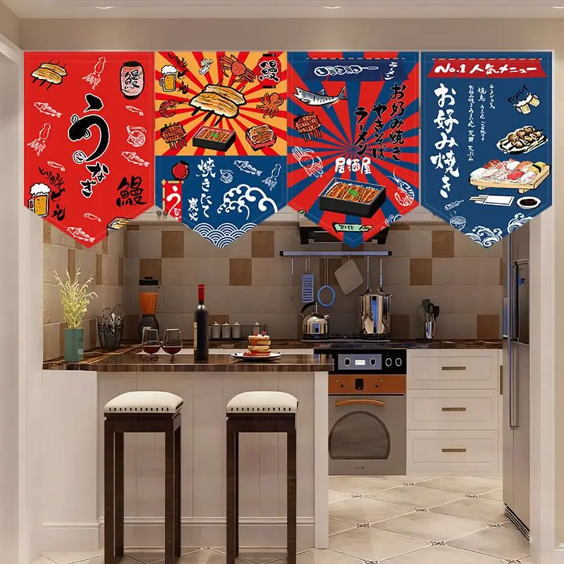 VIKAMA Japanese Izakaya Food Triangular Curtain Eel Okonomiyaki Takoyaki Beer Red Blue Ramen Kitchen Window Valance Decor Lovely