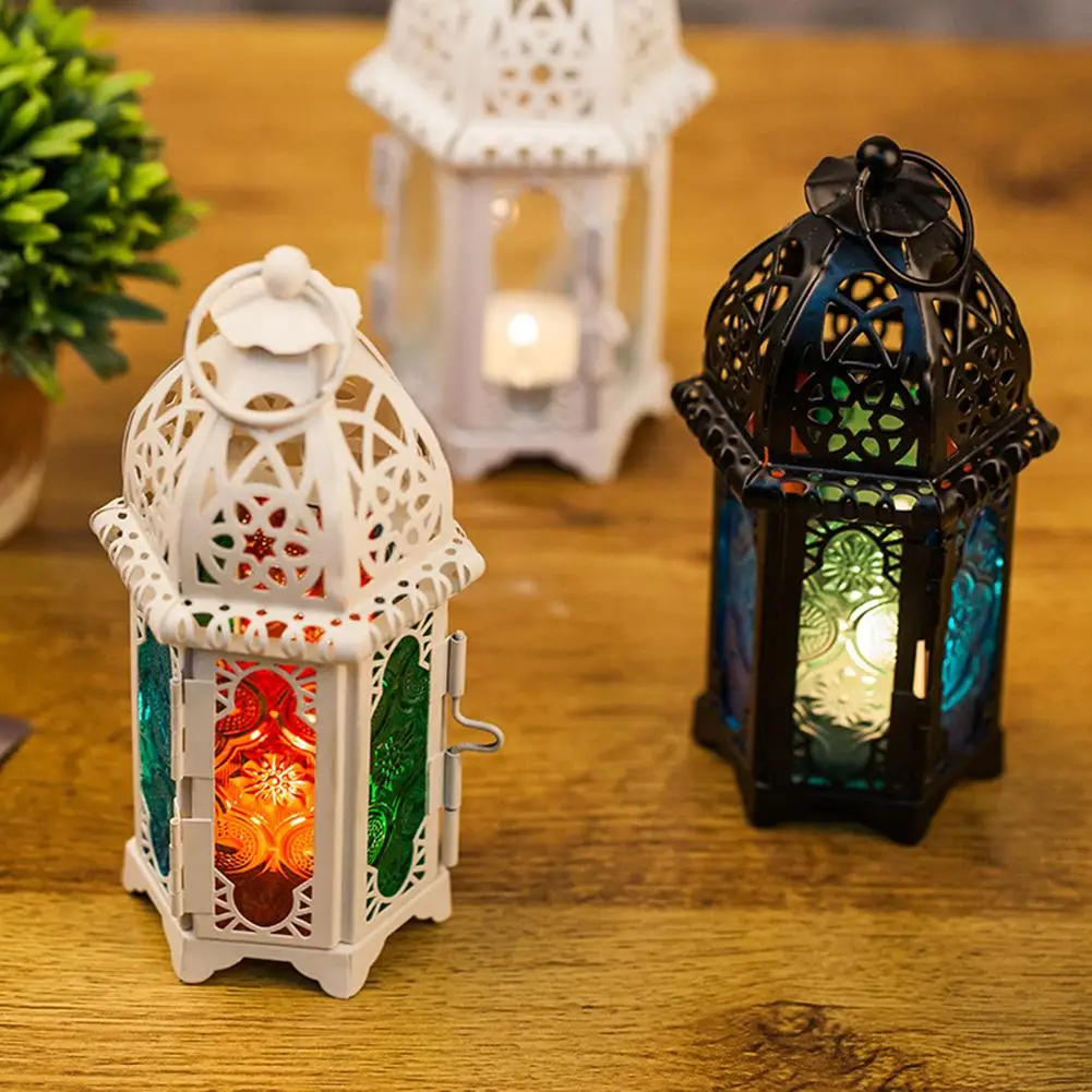 Morocco Candle Holder with Hanging Ring Hollow Out Vintage Iron Art Retro Castle Candlelight Stand Wind Lamp Lantern Tealight