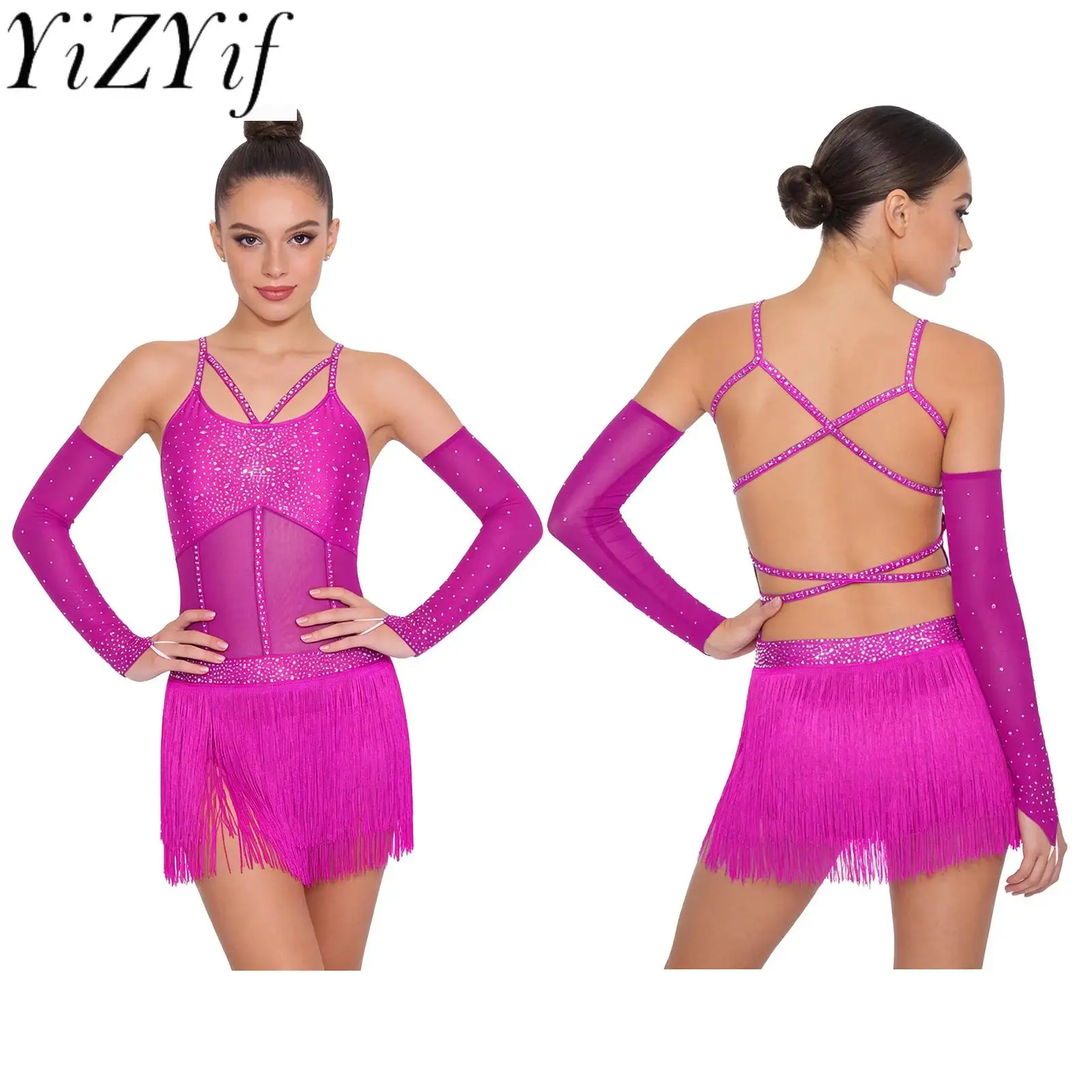 

Women Lyrical Latin Dance Rhinestones Tassel Leotard with Sleeves Backless Camis Fringe Cha-cha Rumba Latin Tango Samba Dancwear