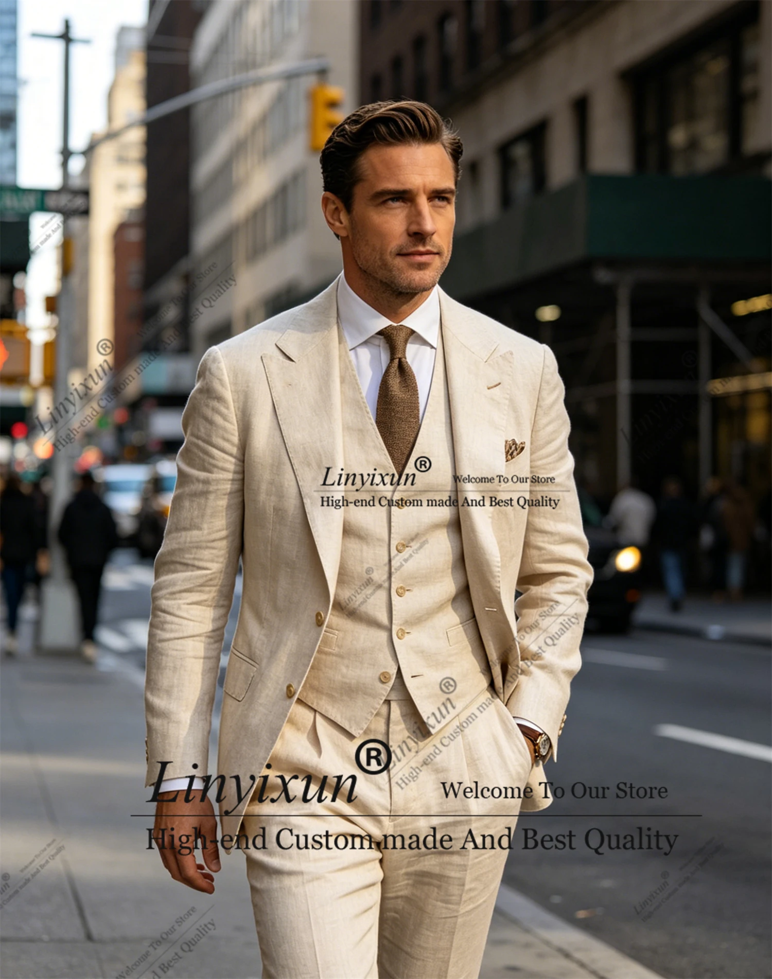 Summer linen Beach Men Suits Slim Fit Cool 3 Piece Wedding Groom Tuxedo Male Fashion Costume Blazer men's suits and separates