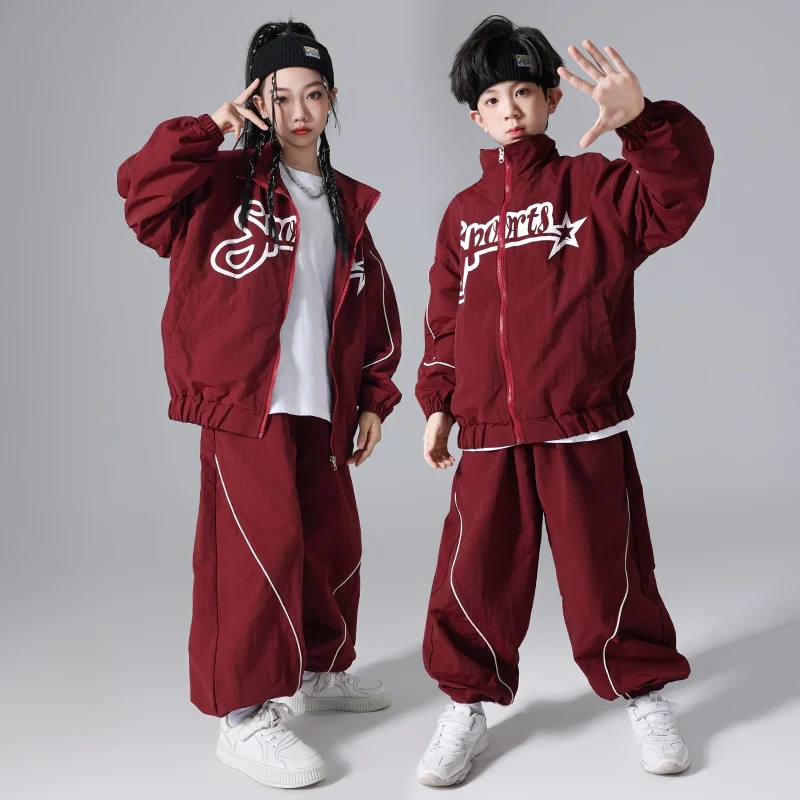 Neue Kinder Hip Hop Outfit Street Dance Kleidung Baggy Burgund Set Jungen Mädchen Sport Jazz Performance Kostüm Team Dancewear L13651