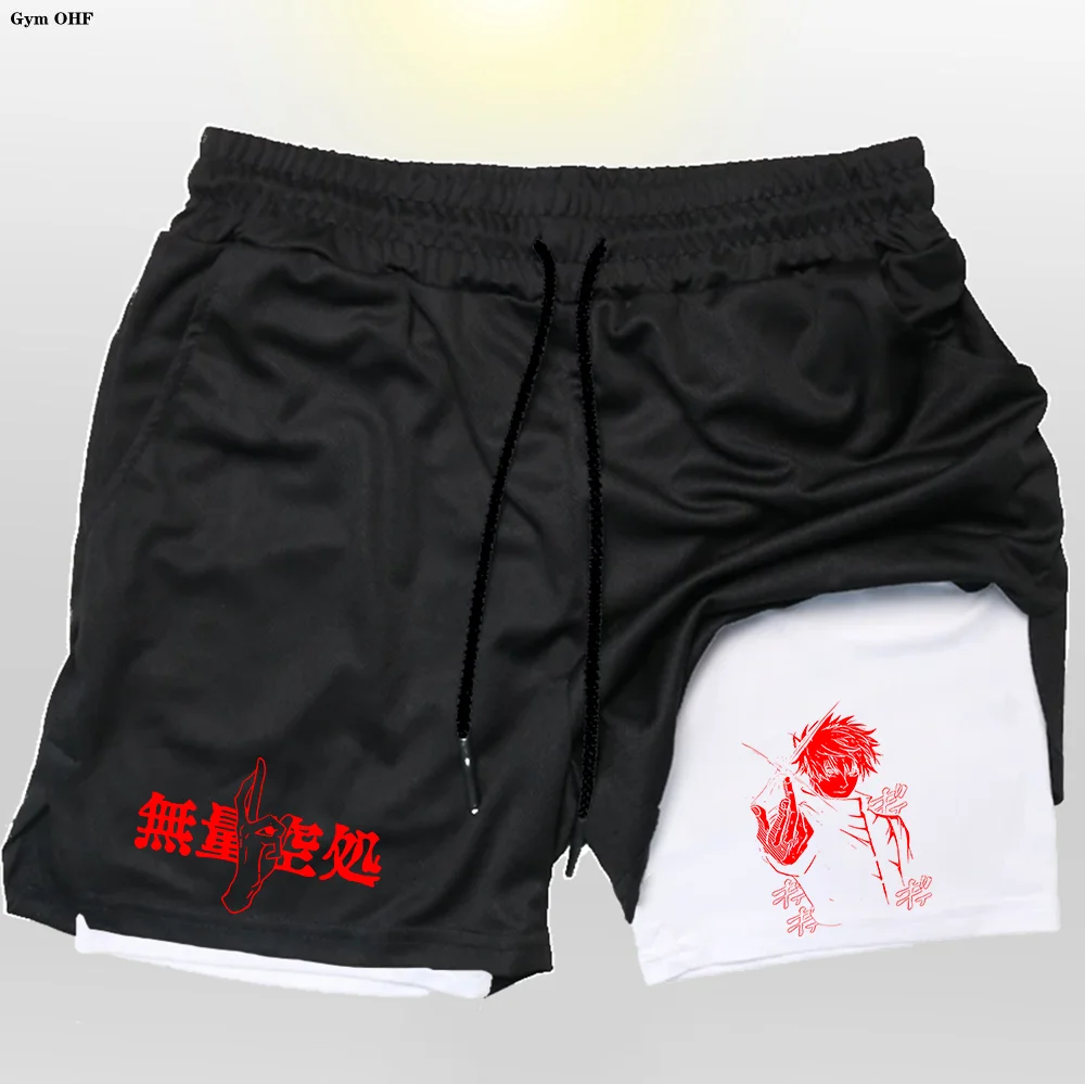 Anime Print Running Shorts Men Fitness Gym Training 2 in 1 Sports Shorts Quick Dry Workout Jogging Double Deck Summer Men Shorts