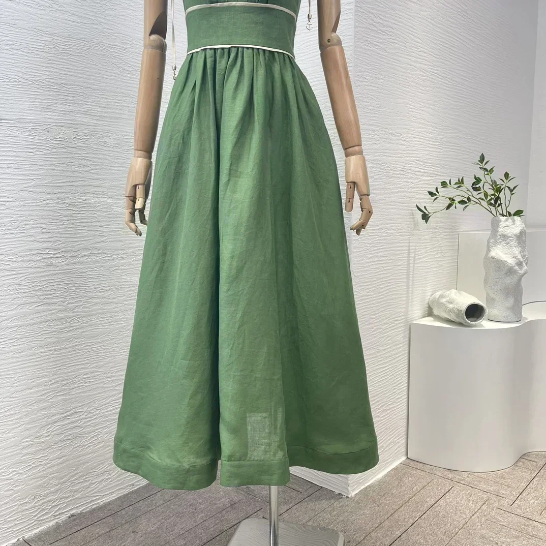 Elastic Shirred Back Top Quality 2024 New Green Pure Linen Sleeveless Pleats Lace-up Women Midi Dress