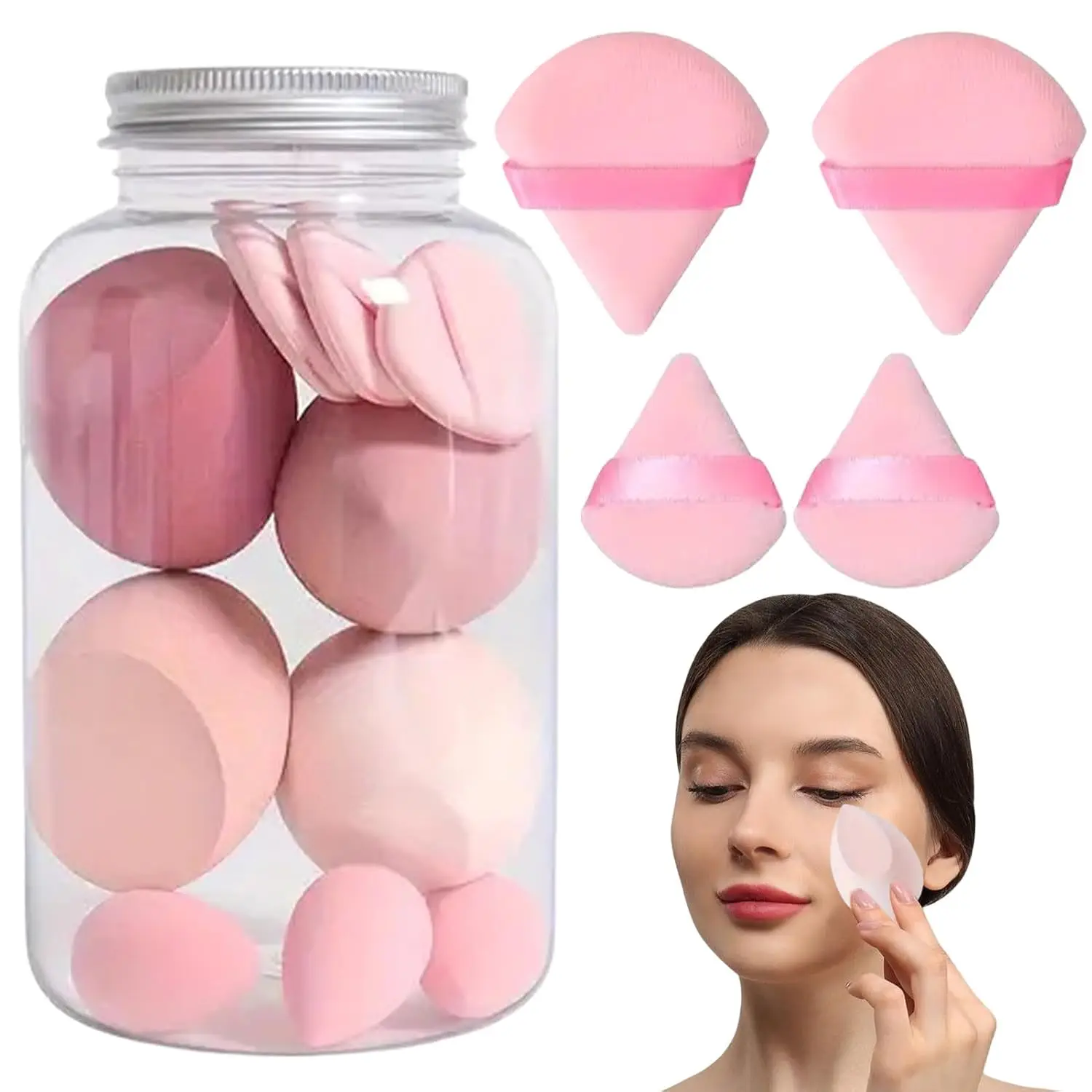 14個入り ハイブリッドメイクアップスポンジ＆パウダーパフセット - 親水性ラテックスフリーファンデーション＆ルースパウダー |   ビーガンオイルフリービューティーツール