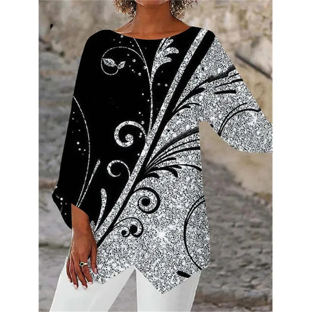 

Spring And Summer Geometric Print Long Sleeved Patchwork Round Neck Shirt Casual Loose Irregular Pullover Blouses Femme Blusas