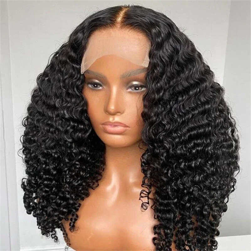 Color negro 26 pulgadas 180 densidad prearrancado suave rizado largo Natural línea de cabello peluca con malla frontal para mujeres negras pelo de bebé