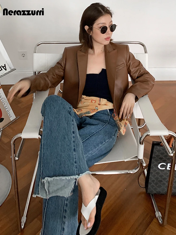 Nerazzurri Autumn Brown Cropped Leather Blazer Women Long Sleeve Single Button Spring Short Black Soft Light Faux Leather Jacket