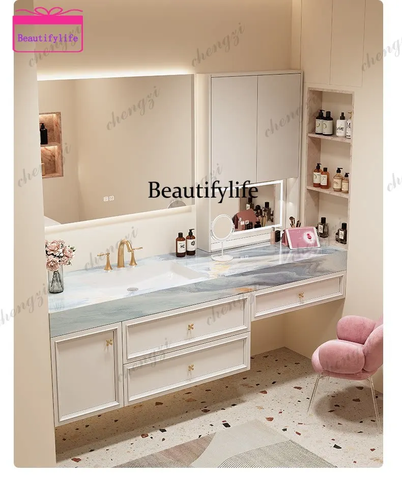 A17 French light luxury cream style dresser bathroom cabinet combination oak makeup wash integrated cabinet