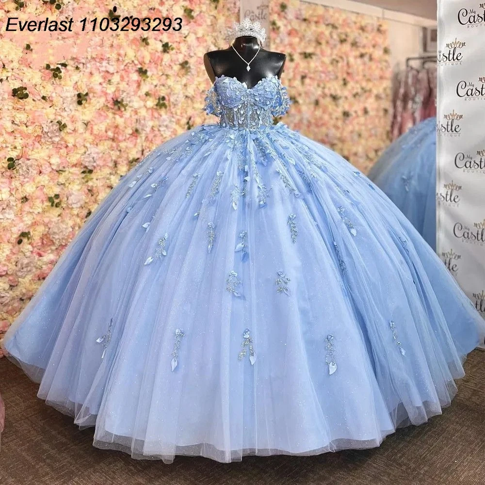 EVLAST Customized Blue Quinceanera Dress Ball Gown Floral Applique Beaded Off Shoulder Sweet 16 Dress Vestido 15 De Años TQD258