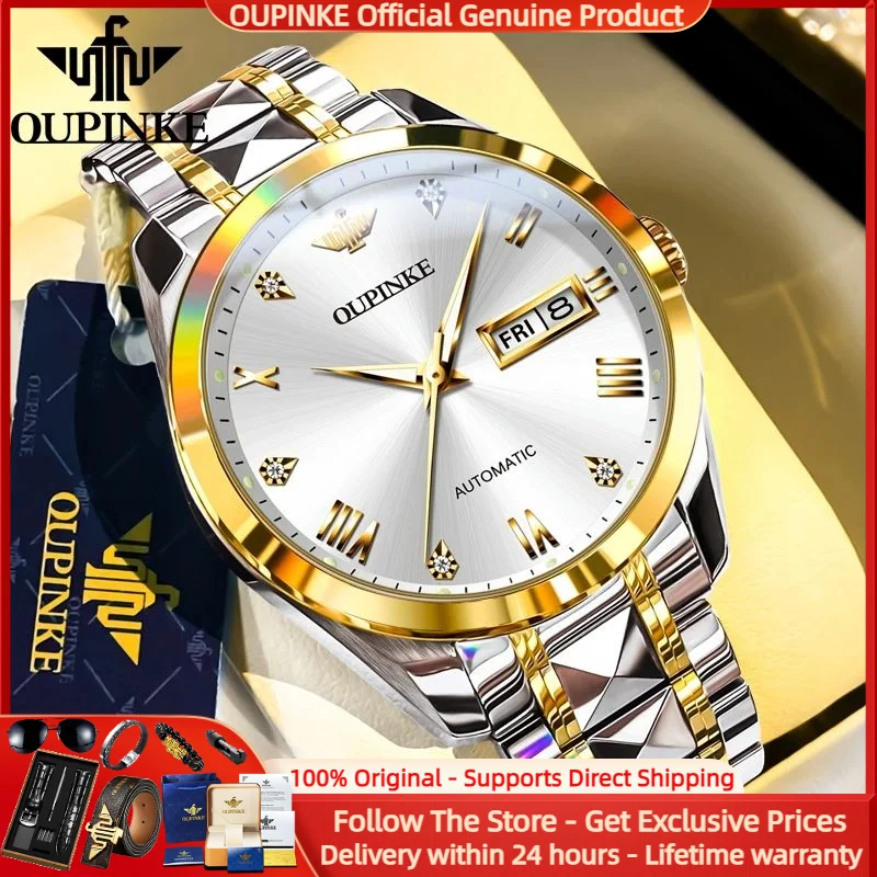

OUPINKE 3171 Luxury Men's Imported Swiss Mechanical Watch Brand Diamond Roman Scale Waterproof HD Calendar Men Automatic Watch