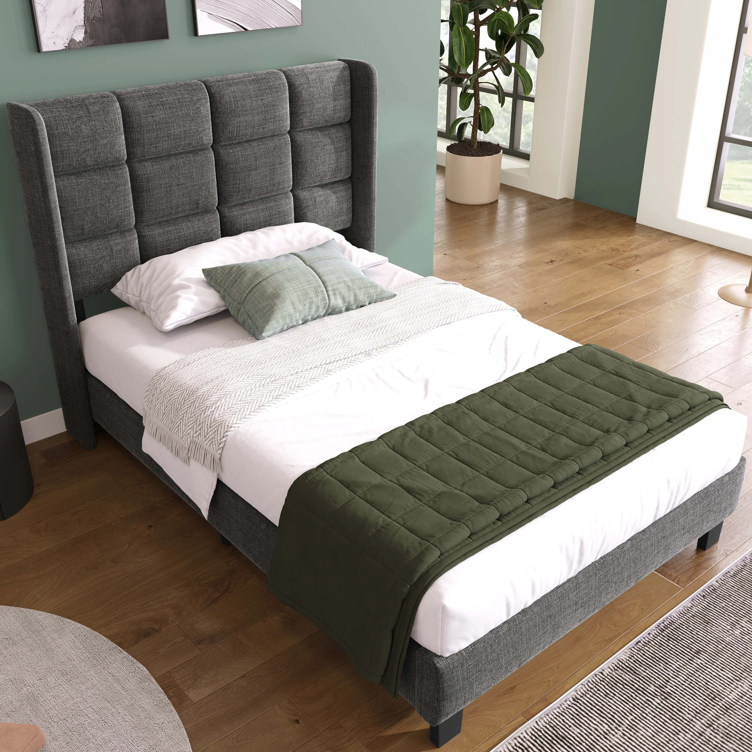 OkwishLit Simple 90x200 Cm Rembourré avec sommier à lattes - Lin Gris