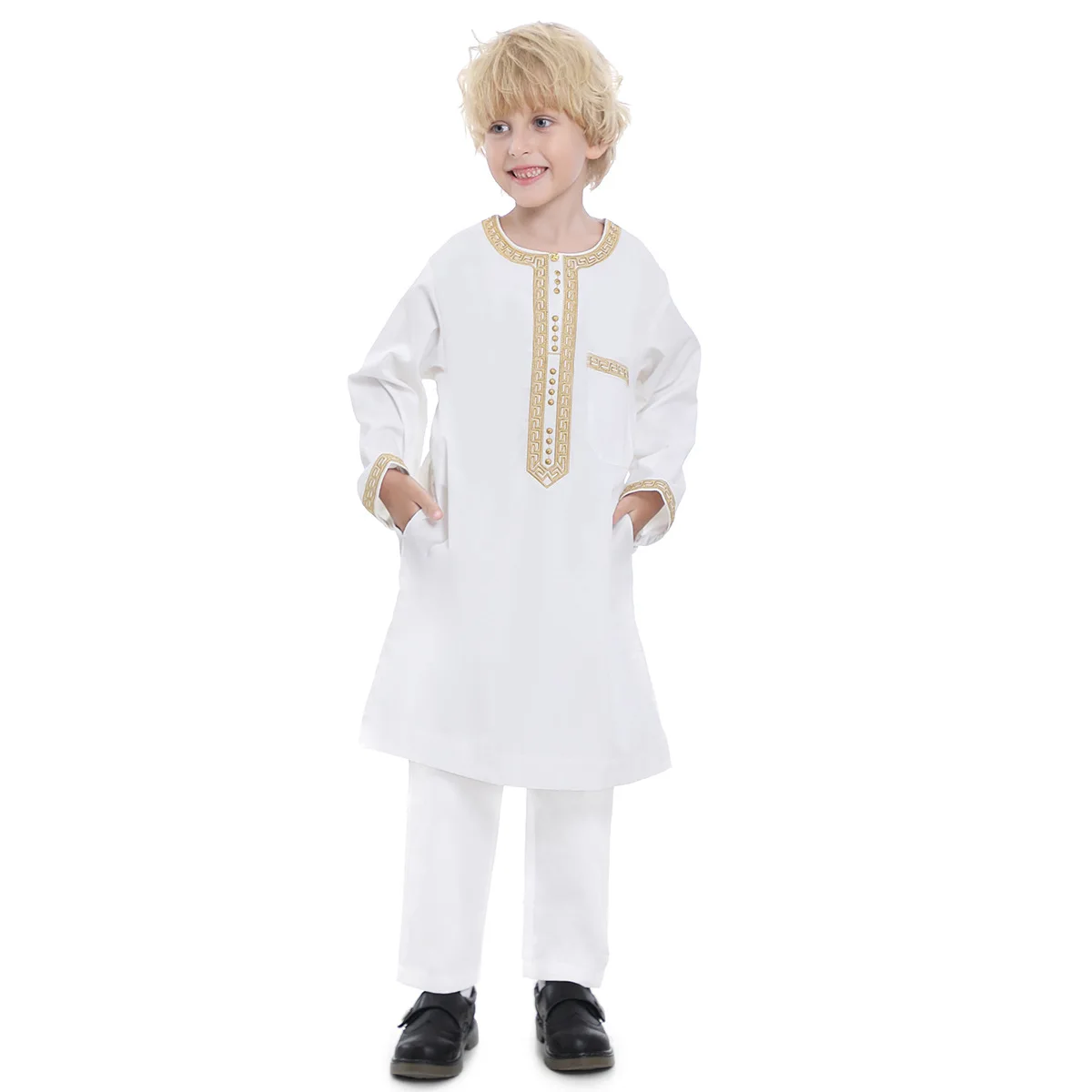 

Islamic Clothing Stylish Embroidered Teenage Boy's Jubba Thobe Set for Middle Eastern Saudi Arabia Youth Muslim Sets Djellaba