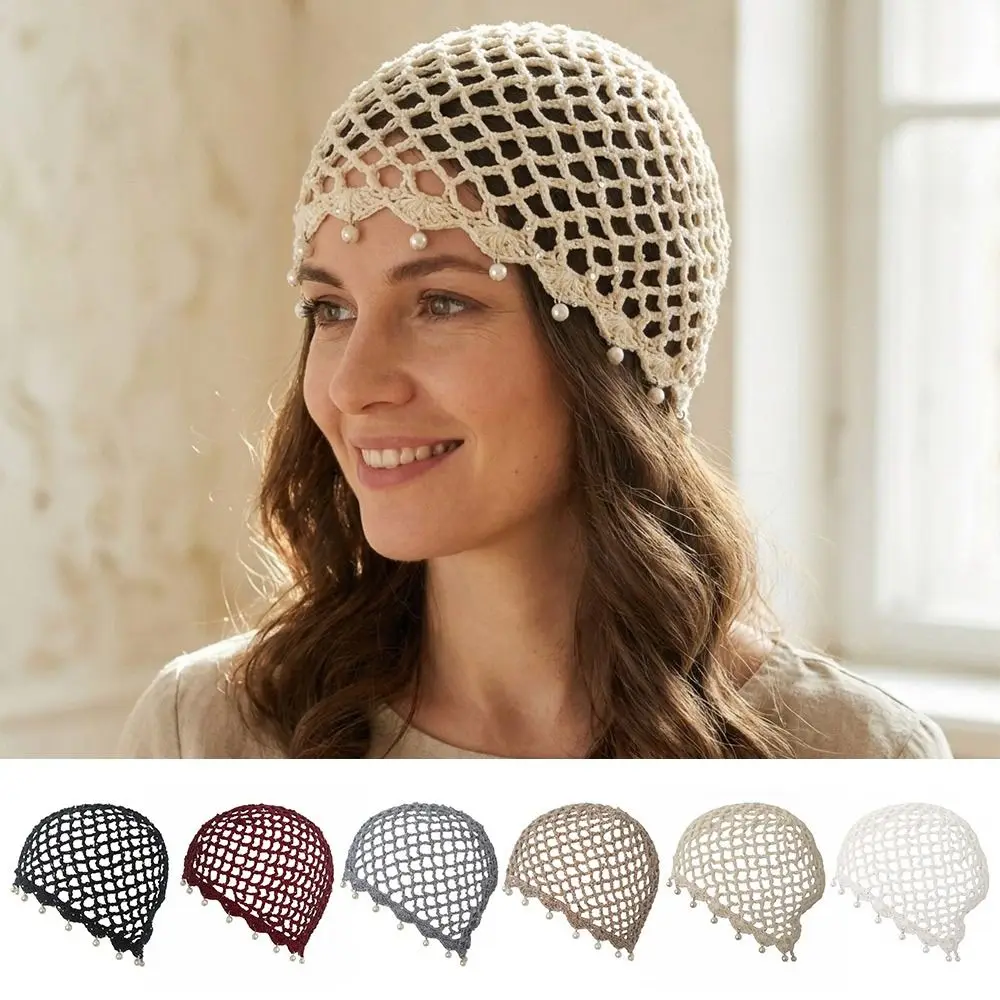 Fashion Hollowed Out Woven Pullover Hats Crochet Breathable Beret Cap Pearl Fringed Retro Beanies Cap or Women Summer