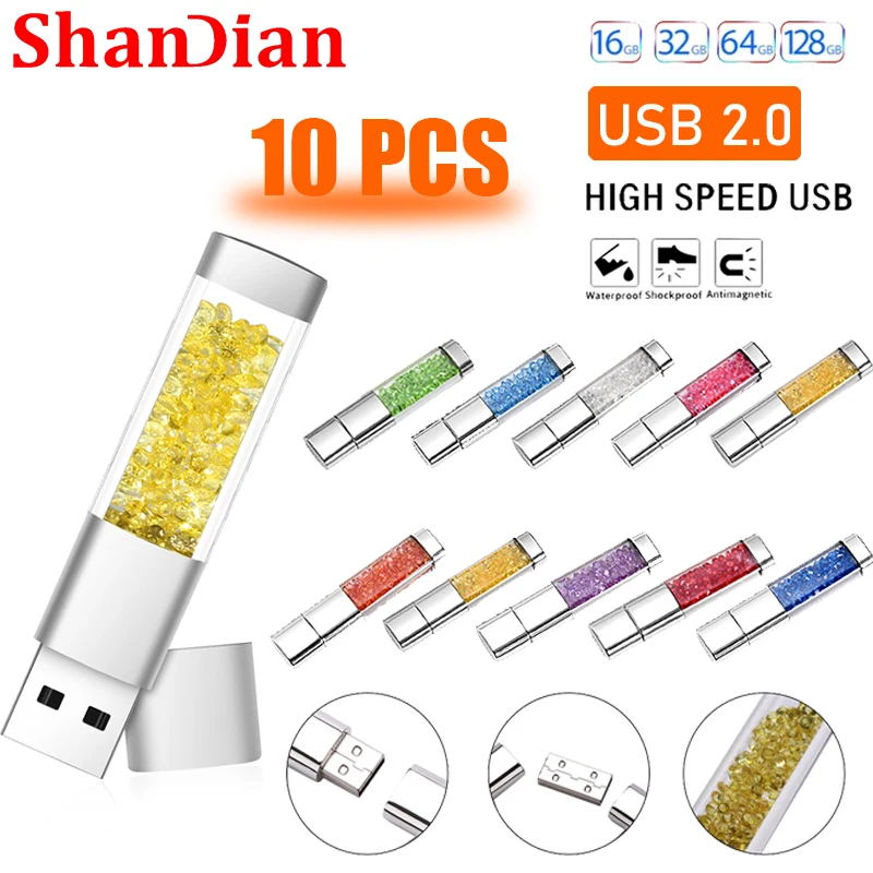 10 PCS LOT Pen Drive USB Flash Drive 128GB 64GB 32GB Crystal Diamond Memory Stick USB Stick for Computer Creative Gift U Disk