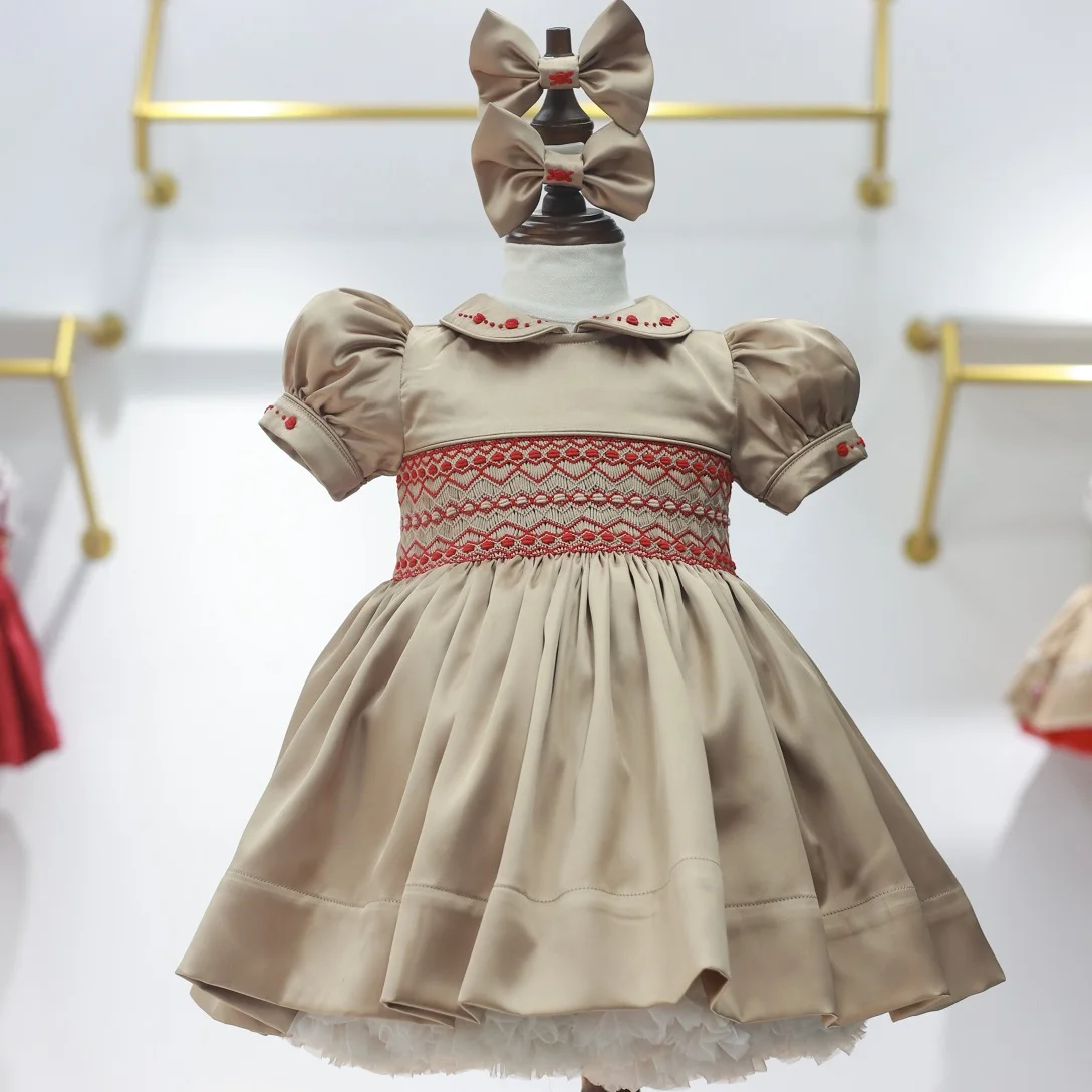 

0-12Y Baby Girl Summer Handmade Embroidery Smokced Khaki Dress for Party Birthday Holiday Eid Christmas Casual A242