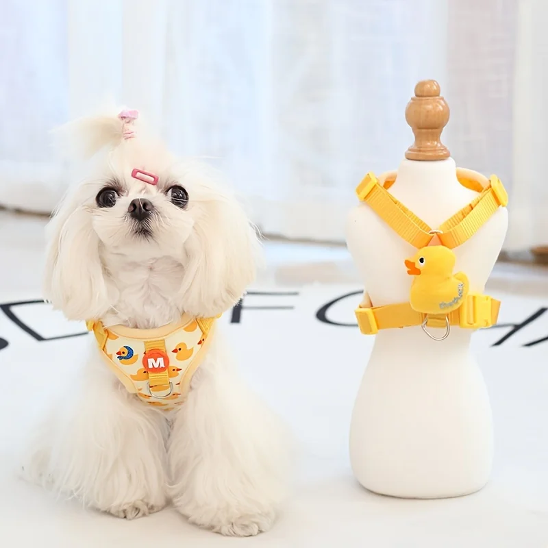 Cartoon Duck Print Pet Harness Dog Traction Rope Escape Proof Breathable Mesh Dog Vest Harness With Walking Leash