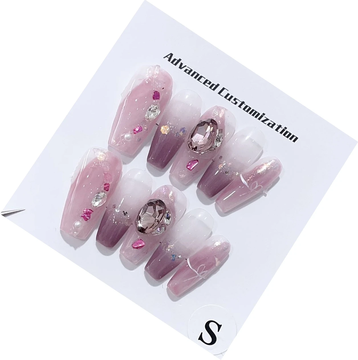 Purple Mist Gauze Ice Transparent Rhinestone High-end Quality Removable Handmade Press On Nails for Dreamy Style.No24461