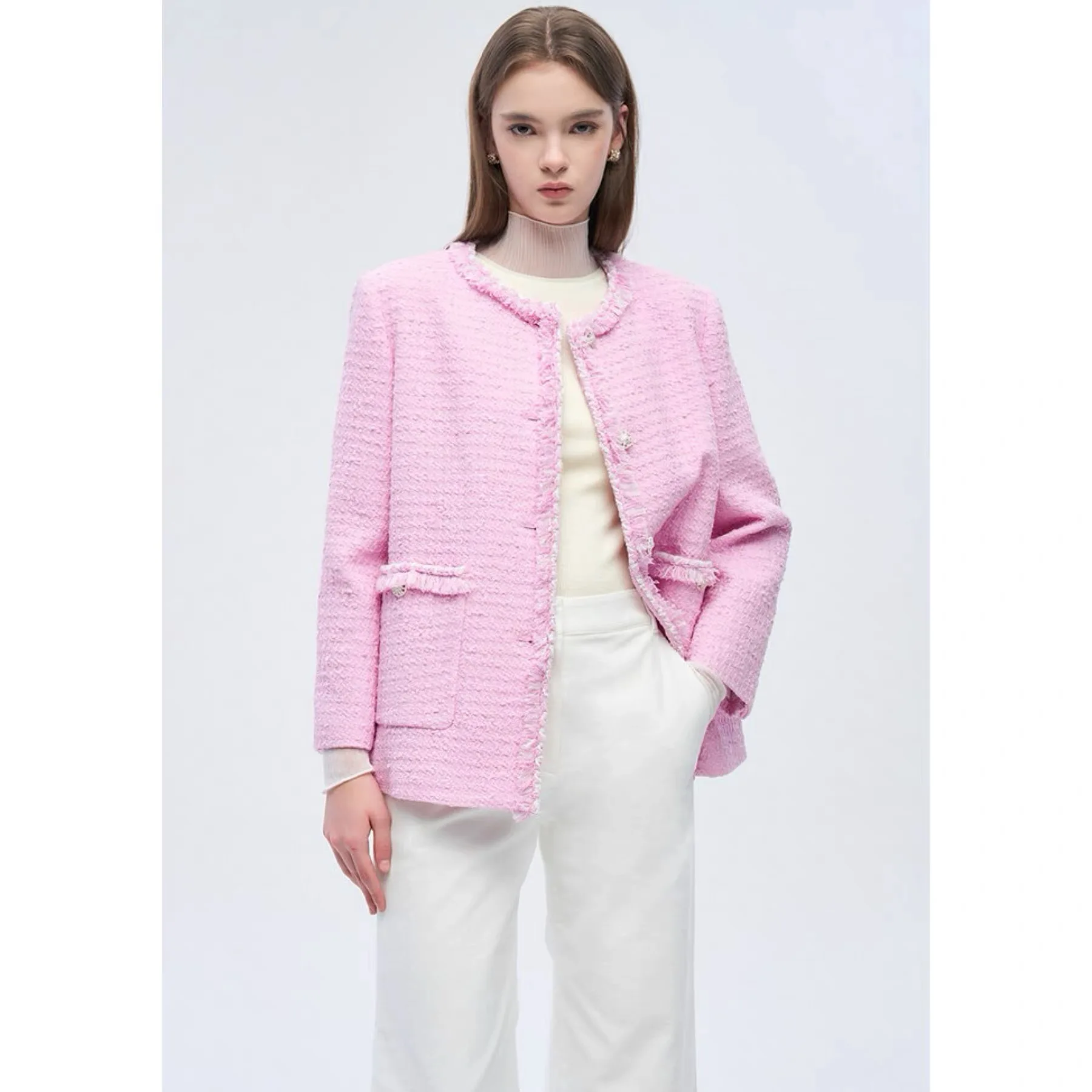 

Кардиган-жакет Lemon Cheese 0BZ26 Spring: Элегантный, омолаживающий, с круглым вырезом, бахромой, универсальный, в стиле Little Fragrance, на пуговицах