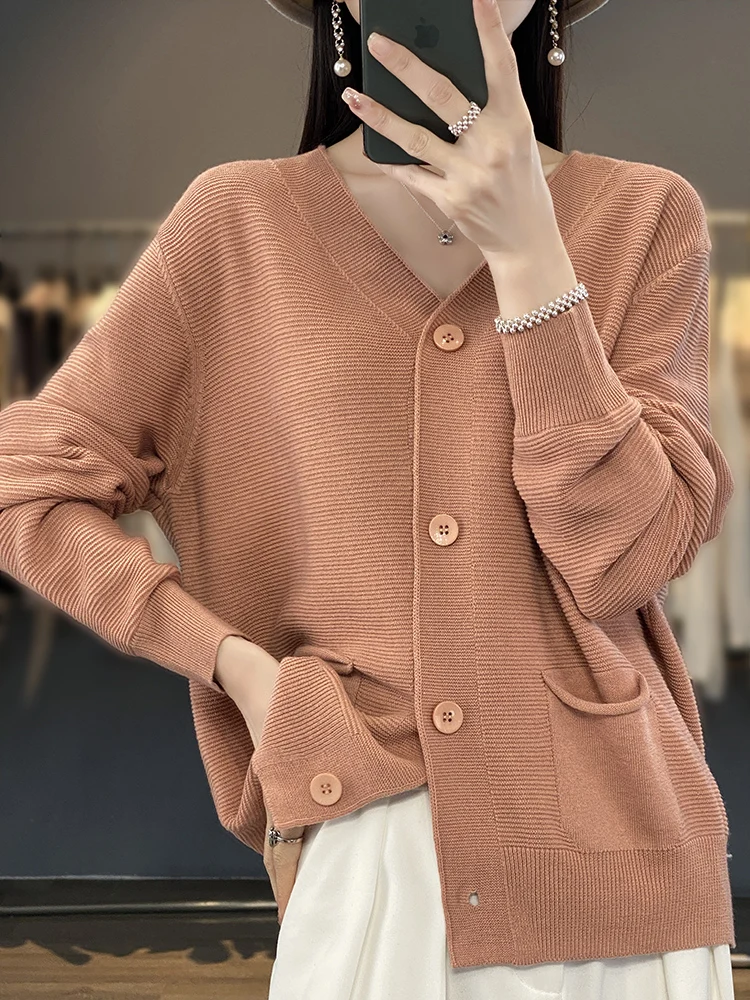 Linen Cardigan Sweater Women V-neck Long Sleeve Top Korean Style New In Outerwears Mujer Knitwear Pockets Designer Spring Clothe