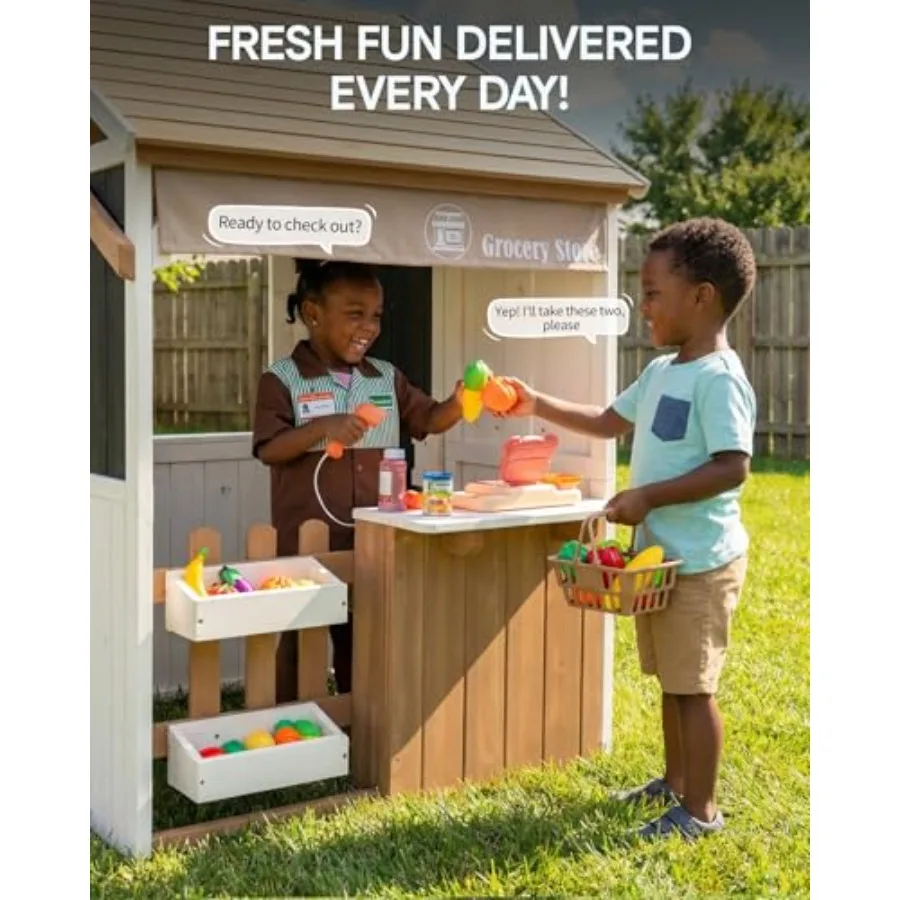 Outdoor kids playhouse for ages 3-5: cedar wood, natural color, 2-in-1 grocery store BBQ grill station with cash register, mail