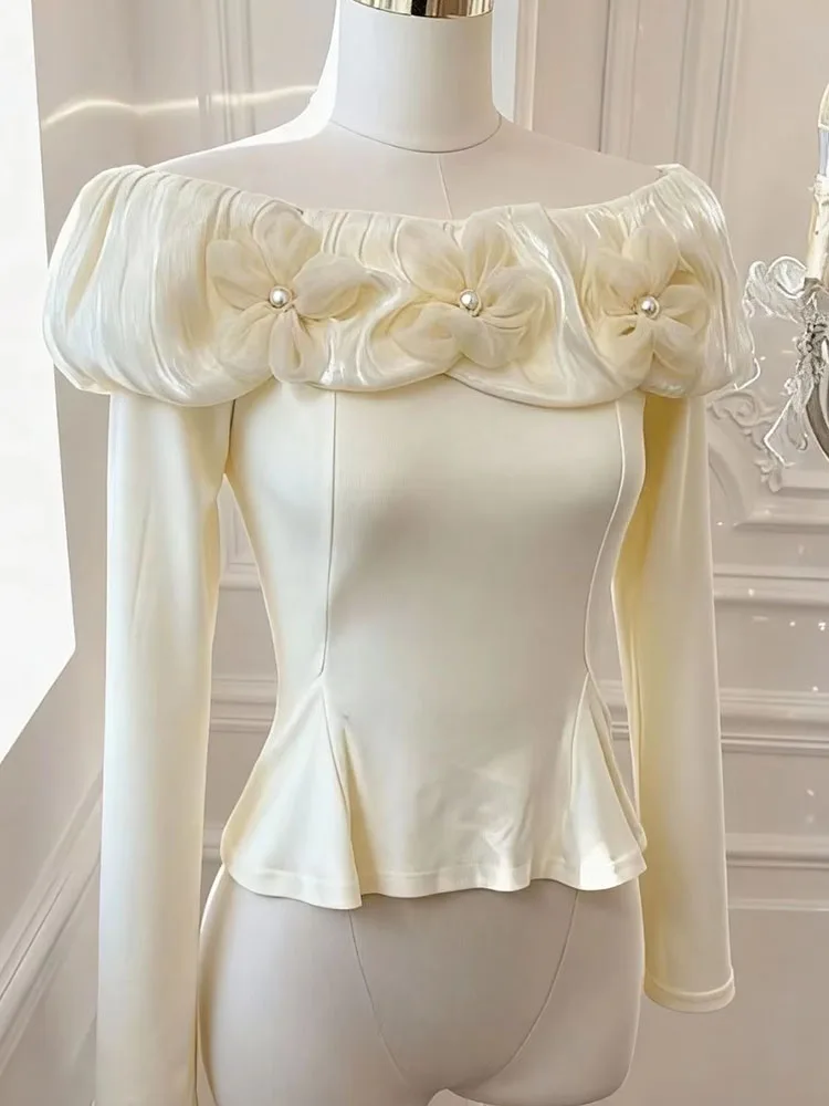 3D Flower Long Sleeve Off Shoulder Top Women Autumn Winter Temperament Socialite Ruffle Trim Base Layer Shirts