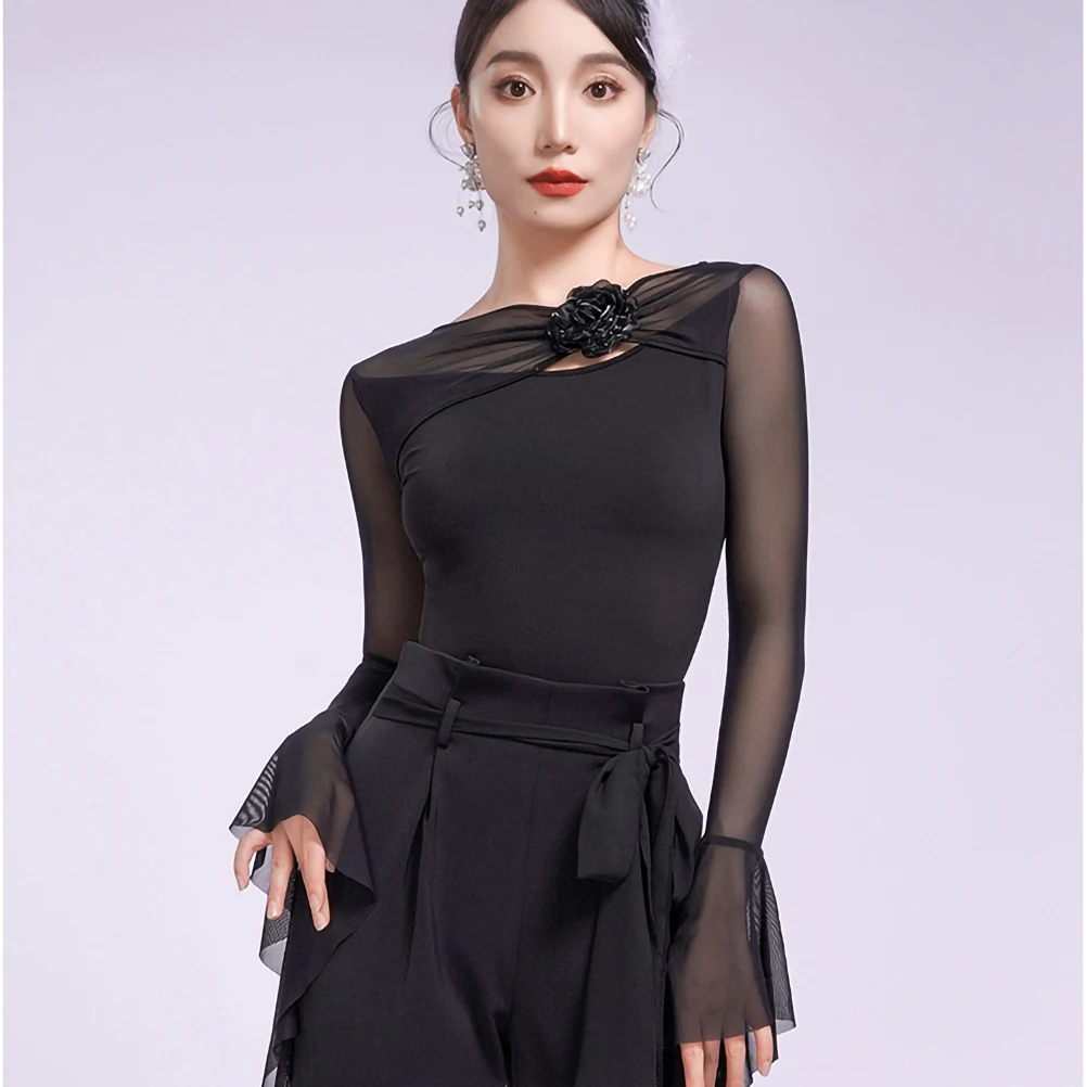 Danza latina Elegante palla Ancora Red Samba Danza da sala da donna Top Verde Danza con volant a maniche lunghe Nuovo stile Tuta