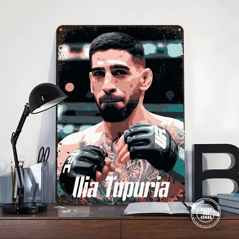 Ilia Topuria Fighter Portrait Poster Customized Wall Art Vintage Metal Signs Retro Tin Plaque for Man Cave House Bathroom Decor