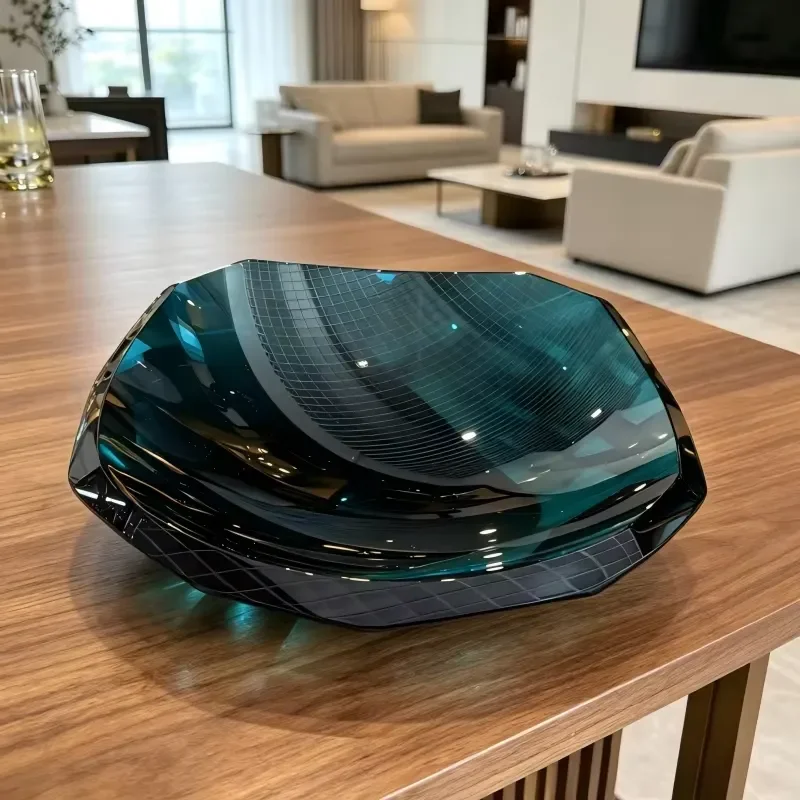 Luxury geometric crystal fruit plate custom modern dark cyan glass ornament service bowl suitable for family living room